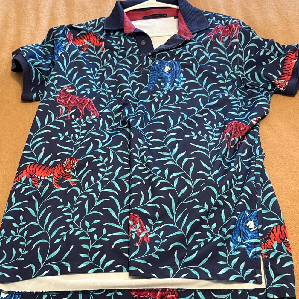Rare Greyson Luxury Golf Navy Polo with Tiger and Leaf Design